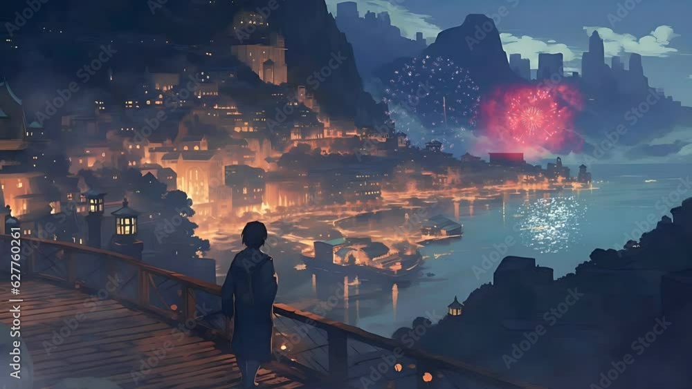 Village avec étoiles filantes et feux d'artifice