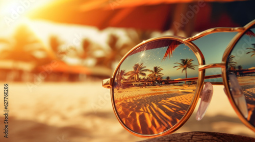 Amazing Golden Hour Close-up Shot of Sunglasses with Reflective Seascape in a Serene Calm End of the Day Mood - Generative AI  © Gejsi