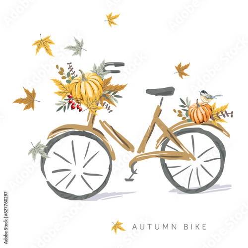 Autumn design template print. Bicycle, yellow pumpkin, maple leaves, small chickadee bird, white background. Vector illustration. October harvest. Fall season