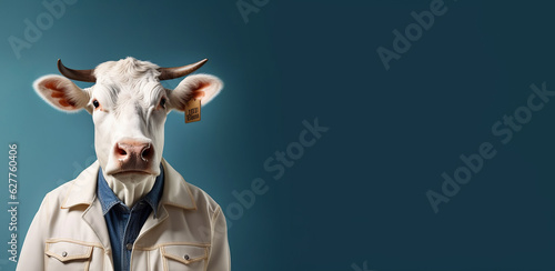 A portrait of a funky cow wearing a white jacket on a seamless blue background, copy space for text. Generative AI technology © Romana