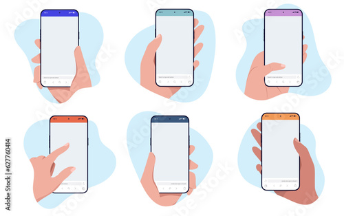 Mobile phone mockup vector collection - Illustration bundle with hands holding  smartphones in flat design with white background