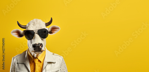 A portrait of a funky bull wearing sunglasses, a white business jacket and a tie on a seamless yellow background, copy space for text. Generative AI technology