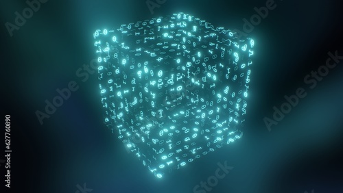 Schilderij op canvas Digital Data Blockchain Cryptography Cube of Flashing Binary Numbers - Abstract