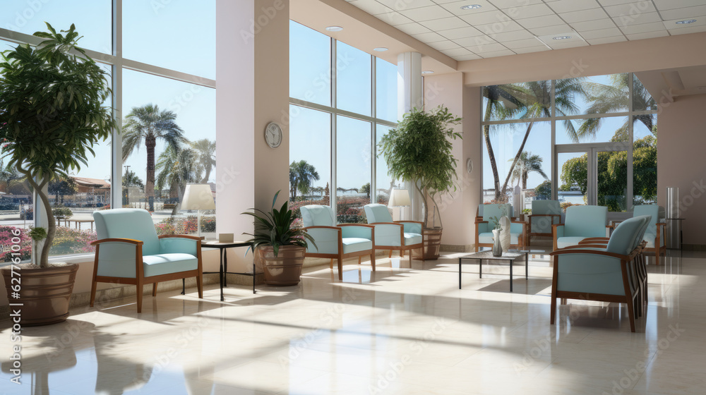 White hospital lobby with a door and white chairs for patients waiting for the doctor visit. A poster. White hospital lobby with a door and white chairs for patients waiting for the doctor visit. A poster.
