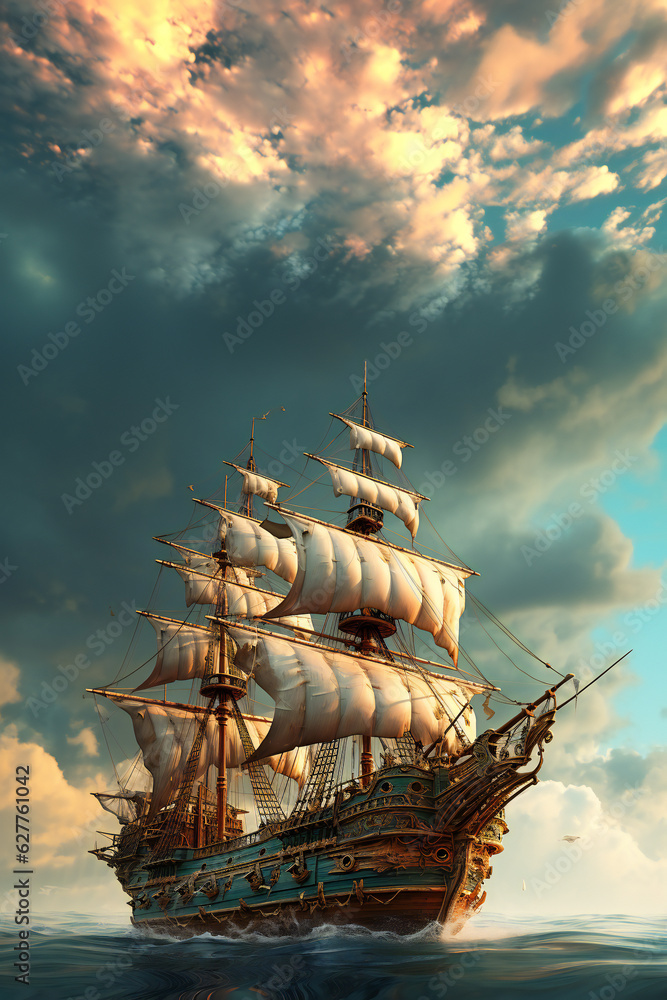 Pirate ship sailing in twilight