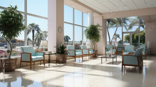 White hospital lobby with a door and white chairs for patients waiting for the doctor visit. A poster. © Sasint