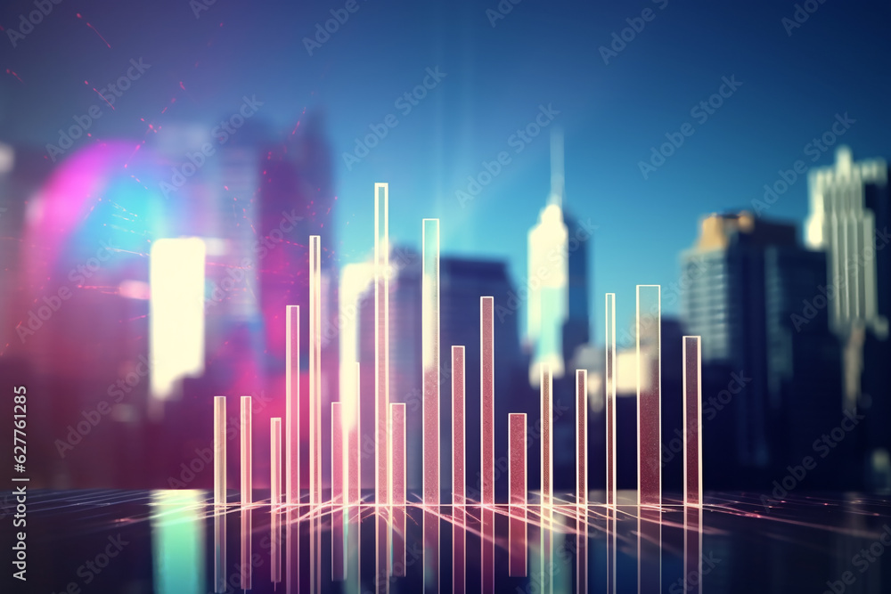 digital bar chart with a city scape in the background