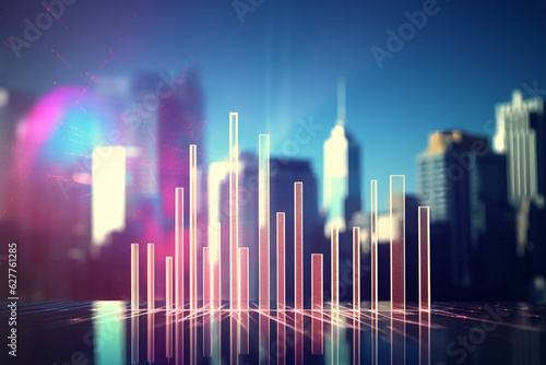 digital bar chart with a city scape in the background