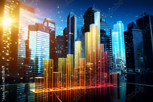 digital bar chart with a city scape in the background, finance district, stocks concept