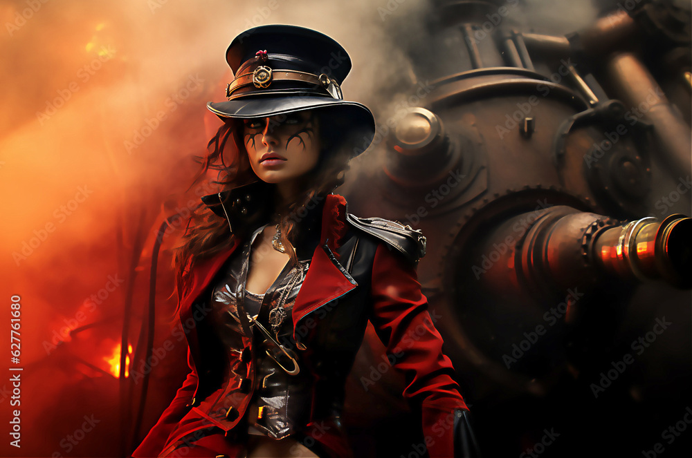 Obraz premium Portrait of beautiful steampunk woman. Post processed AI generated image