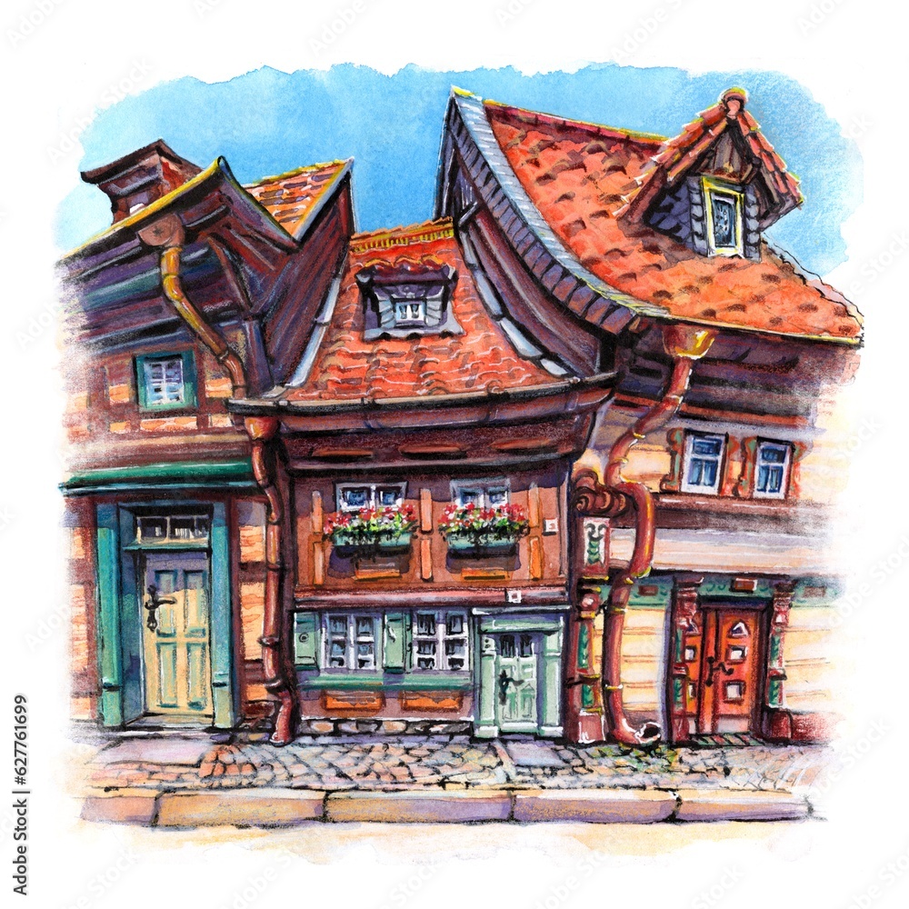 Watercolor sketch of quaint old small houses in Wernigerode , Germany
