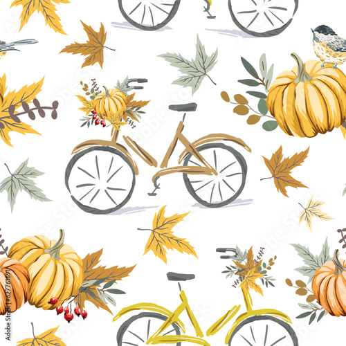 Autumn maple leaves, pumpkins, bicycles, titmouse birds, berries, white background. Vector seamless pattern. Fall season illustration. Forest nature design