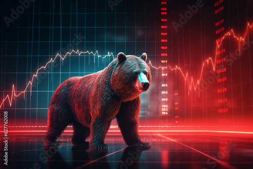 Bear market concept  digital red bear with stock charts in the background