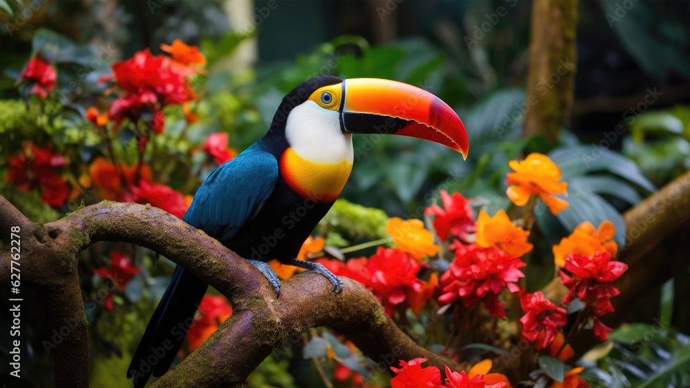 Fototapeta premium Toucan 4k wallpaper, tropical rainforest, colorful flowers, hd