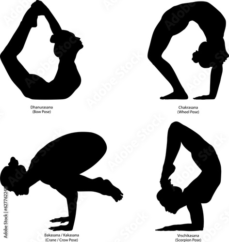Silhouettes of female practicing yoga stretching exercises. Shapes of woman doing yoga fitness workout. Set of yoga positions.