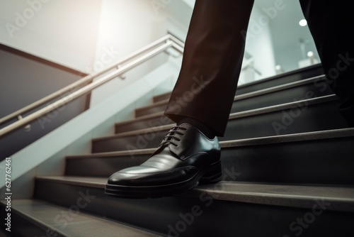 Man in patent leather shoes. Feet go down stairs. Successful person walking to business meeting. Businessman wearing comfortable suit black leather luxury shoes going downstairs legs stepping rush