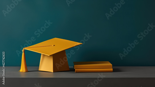 Bright Future: Yellow Graduation Cap and Notebooks on Wooden Table - Generative AI 