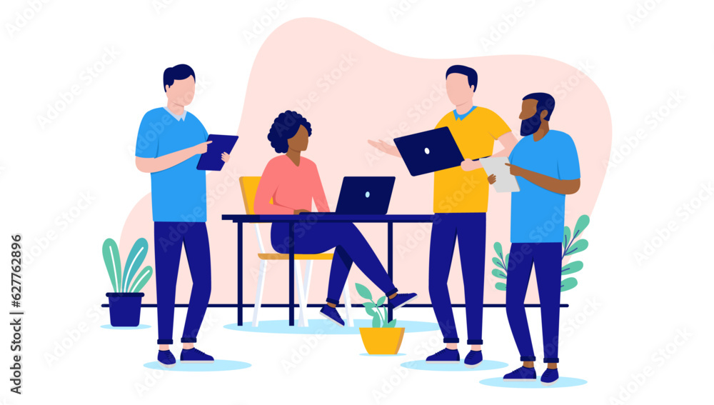 Office people working vector - Team of four businesspeople in casual clothes working with computers and talking together. Flat design illustration with white background