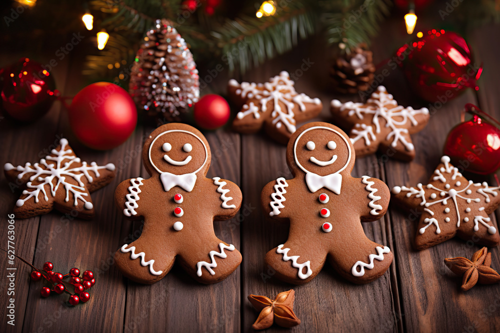 Homemade Christmas Dessert Gingerbread Man and Woman, Fir, Stars, and Christmas Cookies Composition on Vintage Wooden Table Background. created with Generative AI Homemade Christmas Dessert Gingerbread Man and Woman, Fir, Stars, and Christmas Cookies Composition on Vintage Wooden Table Background. created with Generative AI