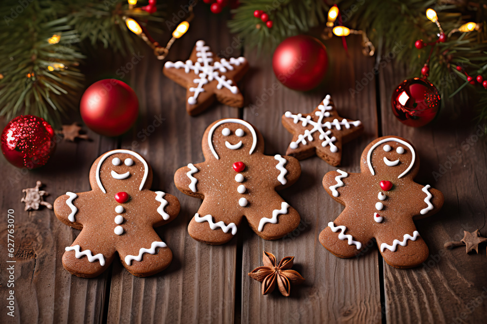 Homemade Christmas Dessert Gingerbread Man and Woman, Fir, Stars, and Christmas Cookies Composition on Vintage Wooden Table Background. created with Generative AI Homemade Christmas Dessert Gingerbread Man and Woman, Fir, Stars, and Christmas Cookies Composition on Vintage Wooden Table Background. created with Generative AI
