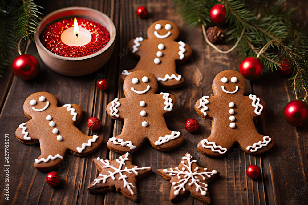 Homemade Christmas Dessert Gingerbread Man and Woman, Fir, Stars, and Christmas Cookies Composition on Vintage Wooden Table Background. created with Generative AI Homemade Christmas Dessert Gingerbread Man and Woman, Fir, Stars, and Christmas Cookies Composition on Vintage Wooden Table Background. created with Generative AI