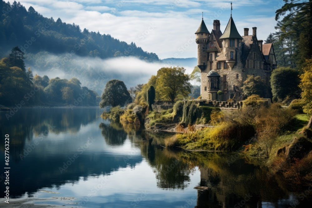 Picturesque Castle Overlooking a Serene OLake, Generative AI