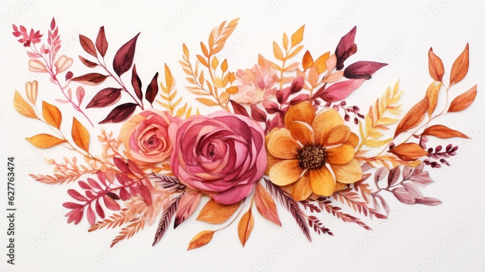 Trendy watercolor autumn flowers wedding bouquet. Beautiful fall floral background. Warm beige, orange, red, burgundy, gold, brown, rust. AI illustration.