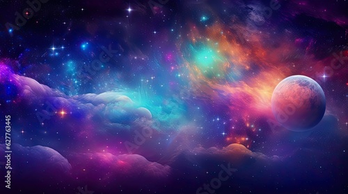 Colorful rainbow cosmic universe with stunning galaxy, stardust, nebula and shining stars in space background. Digital art. AI illustration for artwork, party flyers, posters, banners, brochures..