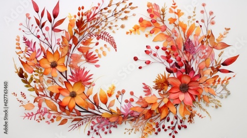 Trendy  watercolor autumn flowers wedding bouquet. Beautiful fall floral background. Warm beige  orange  red  burgundy  gold  brown  rust. AI illustration.