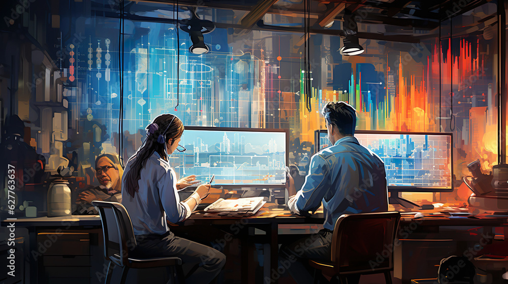 Futuristic high tech fast paced corporate environment and business development Futuristic high tech fast paced corporate environment and business development