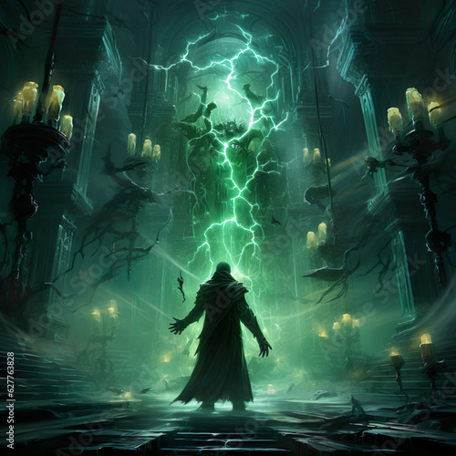 High Fantasy Character: An epic portrait of an evil warlock demonic wizard necromancer