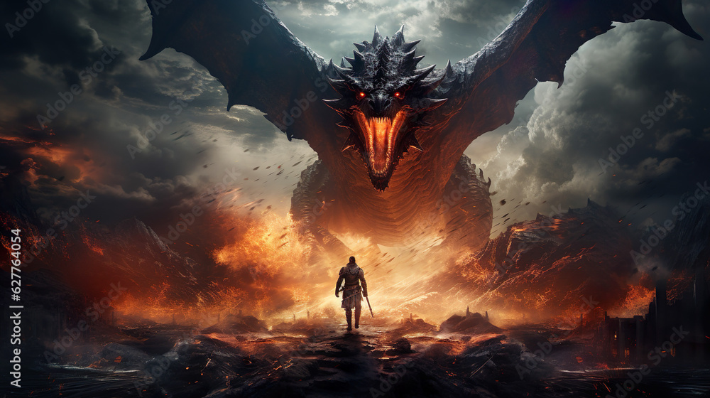 Fototapeta premium Depiction of an incredible surreal fantasy deadly dragon draconic epic landscape