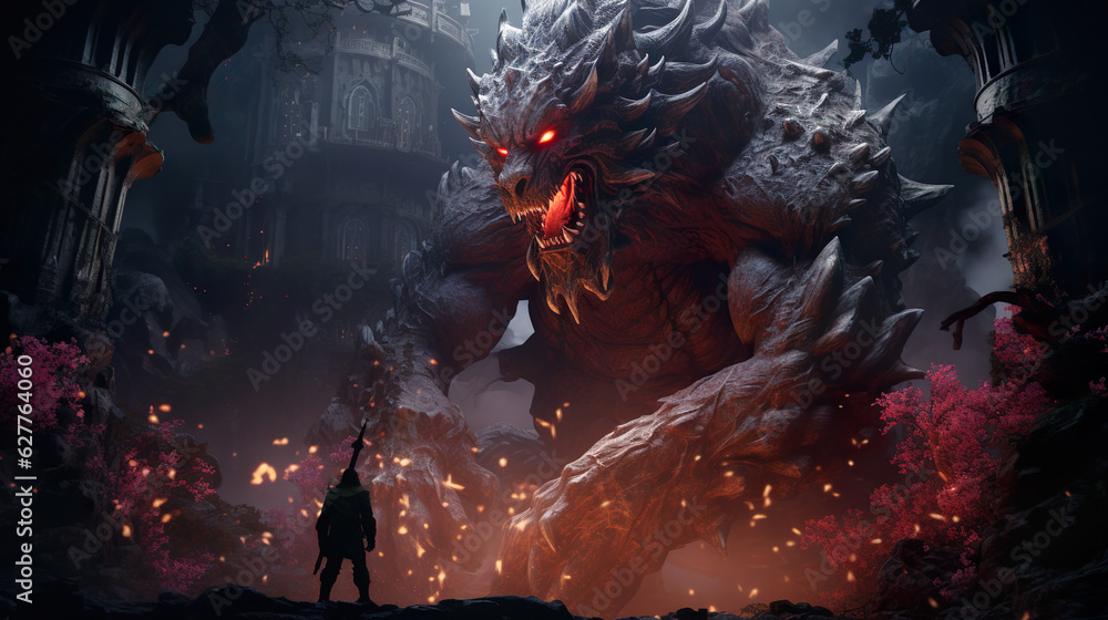Obraz premium A fantasy epic warrior ready to battle a gigantic monster