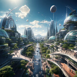 A futuristic looking modern high tech city of the future of humanity