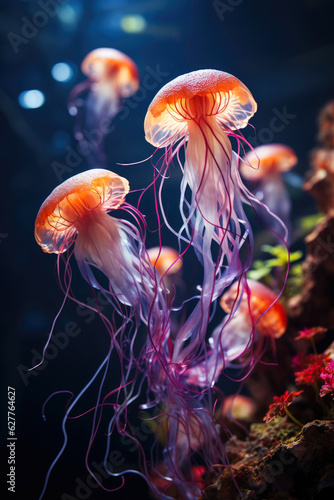 Jellyfish in an aquarium, in the style of dark indigo. Generative AI © piai