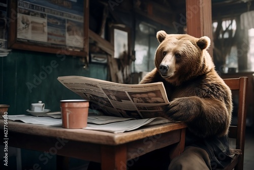Lesender Bär: Ein gemütlicher Moment, wenn der Bär Zeitung liest photo