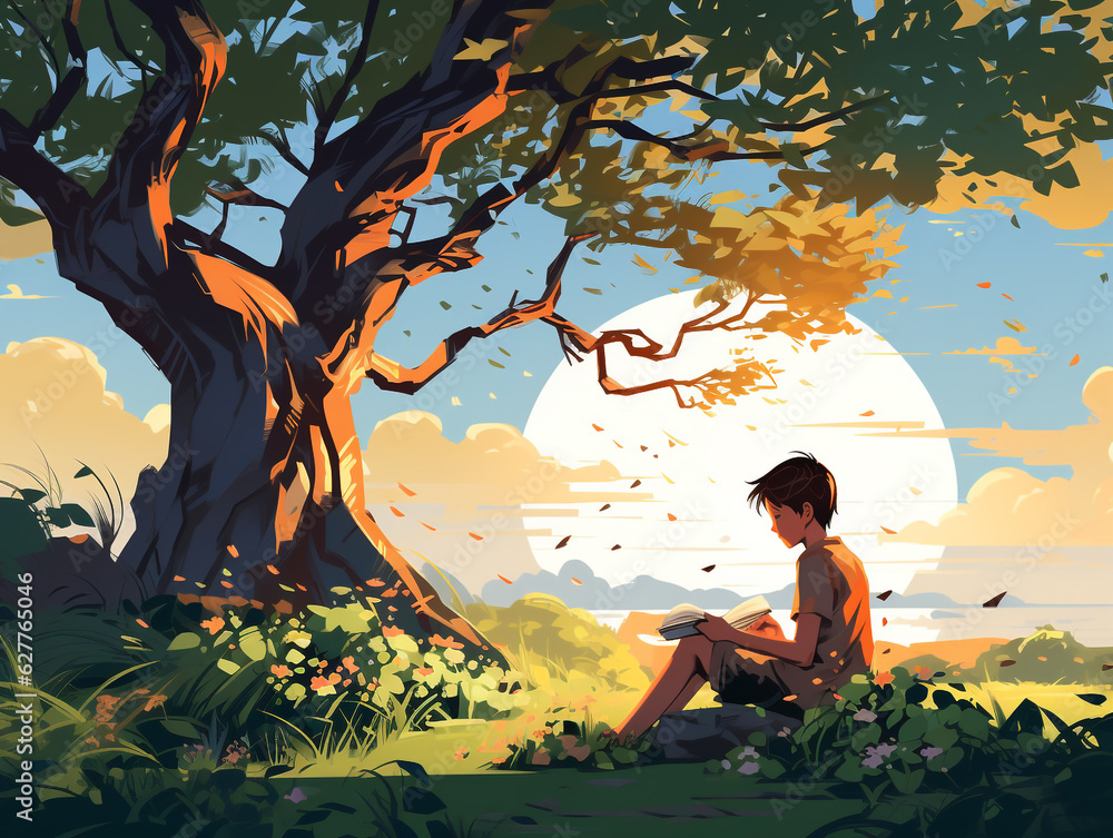 
An illustration of a boy reading a book under the shade of a shady tree. Looks very diligent to read. Alone.