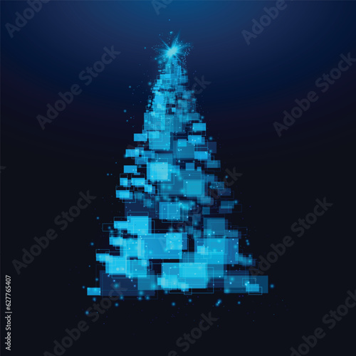 Christmas tree made of geometric shapes, lights and sparkles. Cyber Christmas or Happy New Year concept. Vector tech background.