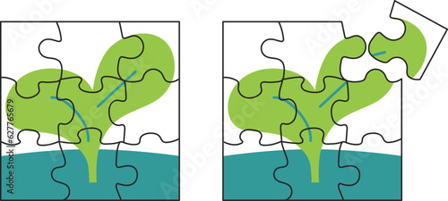 若葉の描かれた9ピースのジグソーパズル　セット　イラスト素材

