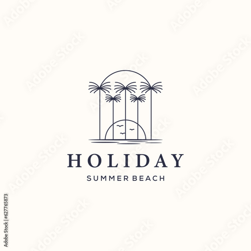 palm tree island adventure line art logo vector minimalist illustration design, paradise nature land logo design