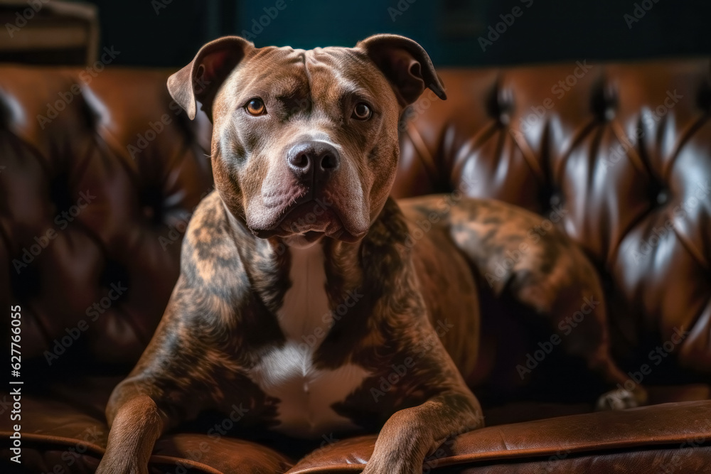 American Pit Bull Terrier dog lying on couch looking forward