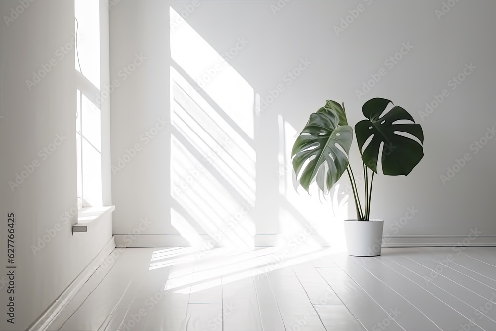 White empty room with single monstera plant. Scandinavian interior. Copy space. Generative AI. White empty room with single monstera plant. Scandinavian interior. Copy space. Generative AI.