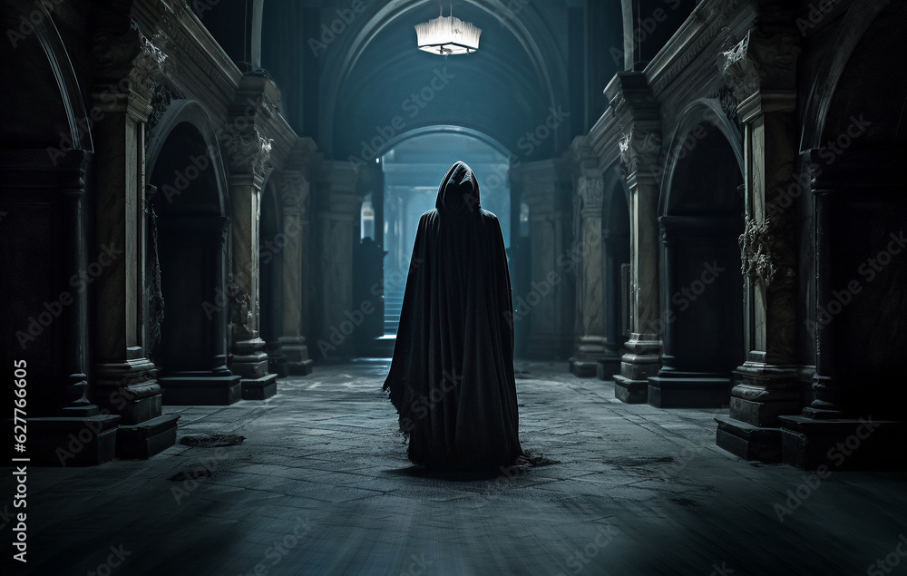 Spooky dark hooded figure walks along an abandoned hall