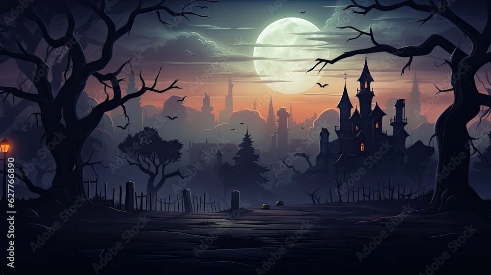 Halloween night with a spooky haunted house and a full moon in the dark sky. Illustration of a scary and mysterious scene.