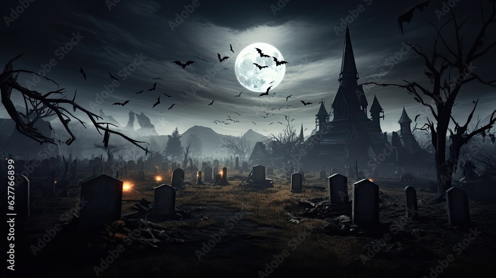 Halloween illustration featuring a spooky house surrounded by bats and a misty graveyard. A full moon adds to eerie ambiance, creating a sense of mystery and horror. Concept of a scary haunted house. Halloween illustration featuring a spooky house surrounded by bats and a misty graveyard. A full moon adds to eerie ambiance, creating a sense of mystery and horror. Concept of a scary haunted house.