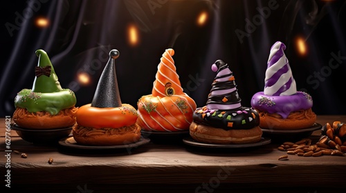 Assorted Halloween donuts with spooky and tasty designs. Concept of Halloween dessert delights.