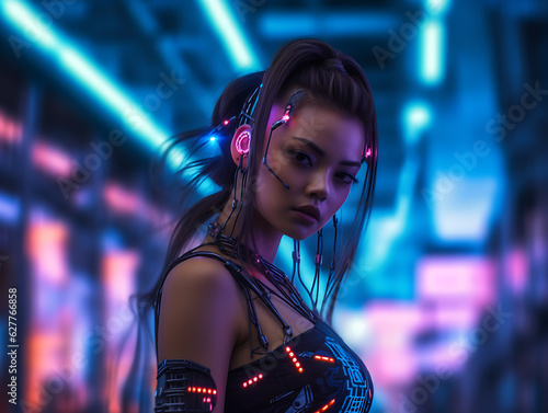 Asia cyberpunk girl in futuristic city. 
