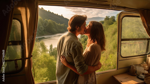 Back view of romantic couple enjoying landscape of green hills and river while kissing in camper van during summer trip in nature