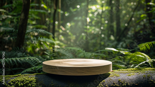 Circle wood pedestal in tropical forest ,Ai generated art illustration.