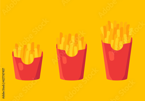 Vector illustration of different sizes of fries. Illustration of fast food in minimalistic modern style on yellow background.